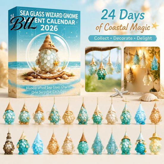 Christmas Tree Decor Coastal Gnome Advent Calendar, 24Pcs Acrylic 2D Sea Glass Ornament Set Decorative Branch Ornaments with Hanging String,