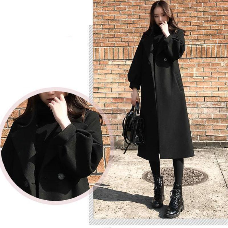 Women Wool Coat Solid Color V-neck Jacket Casual Slim Windbreaker Trend Temperament Top Over The Knee
