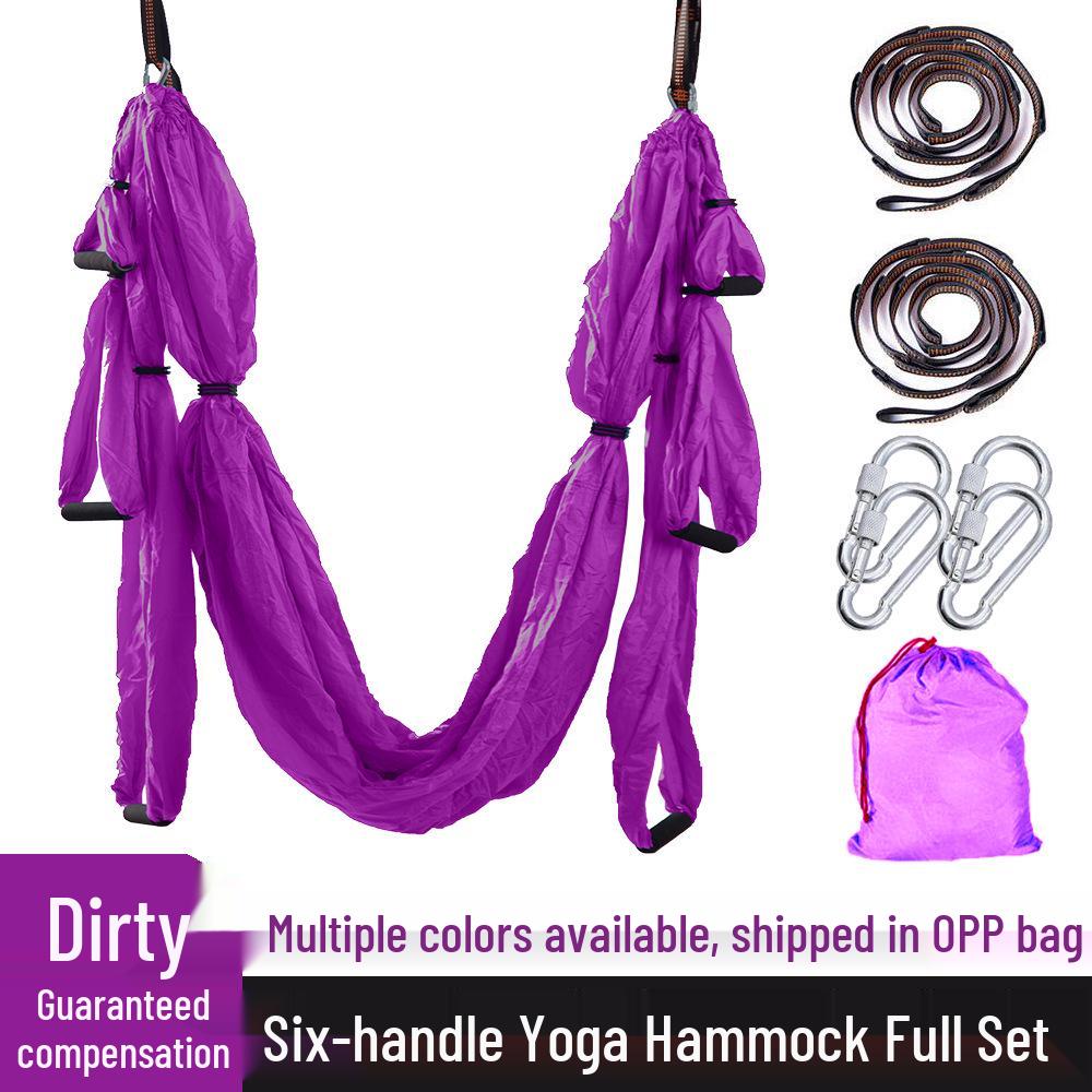 Purple Aerial Yoga Hammock Set with 6 Handles - Indoor Anti-Gravity Elastic Swing