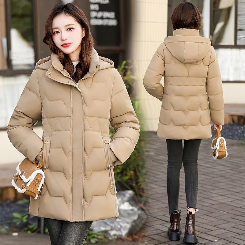 Removable hat cotton-padded clothes, women's medium and long winter down cotton-padded clothes, slim-fitting new thin and versatile cotton-padded jac
