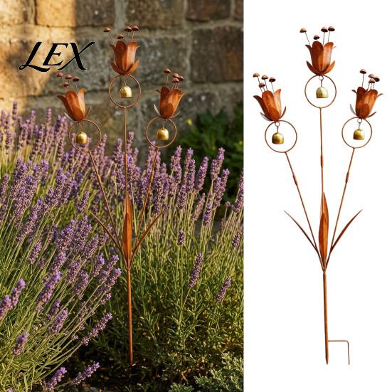 Weather Resistant Metal Art Flame Copper Lily Tulip Garden Stake with Wind Chime Bells, Rustic Weatherproof Outdoor Chimes Yard Decor for Lawn