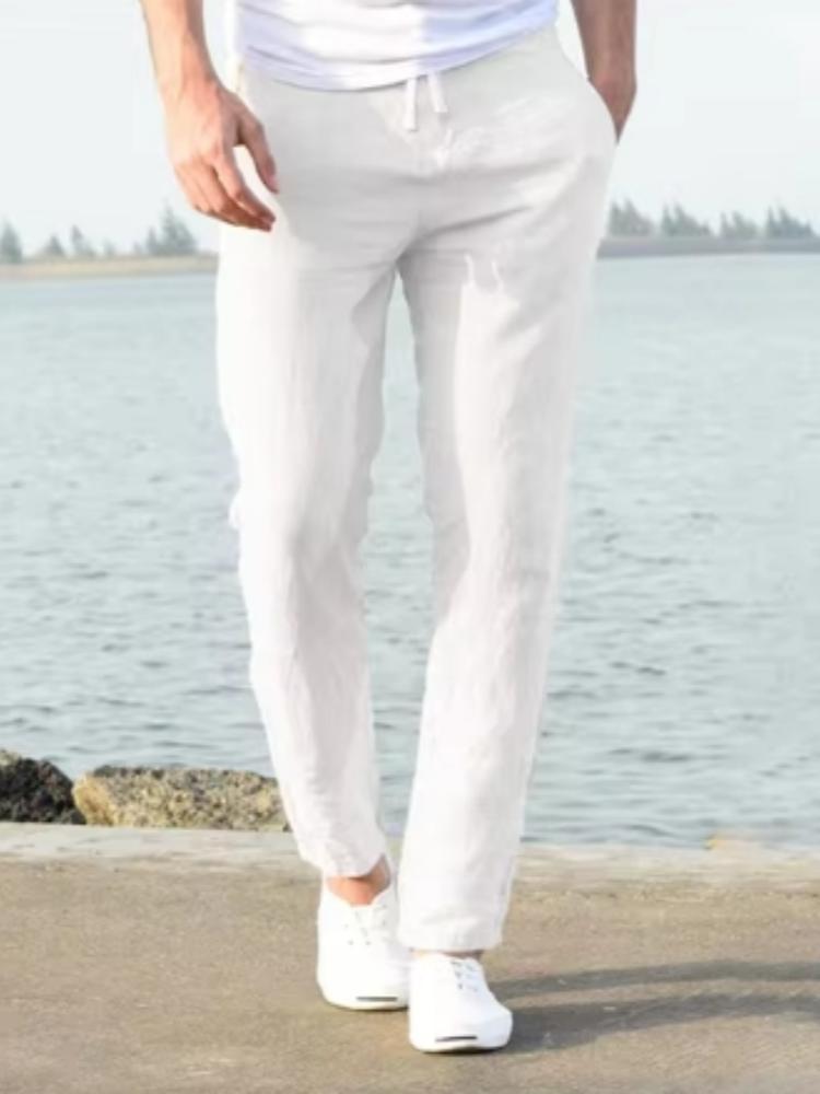 Мужские длинные брюки из хлопка и льна, летние однотонные дышащие льняные брюки, мужские повседневные брюки с эластичной резинкой на талии, брюки в стиле Харадзюку