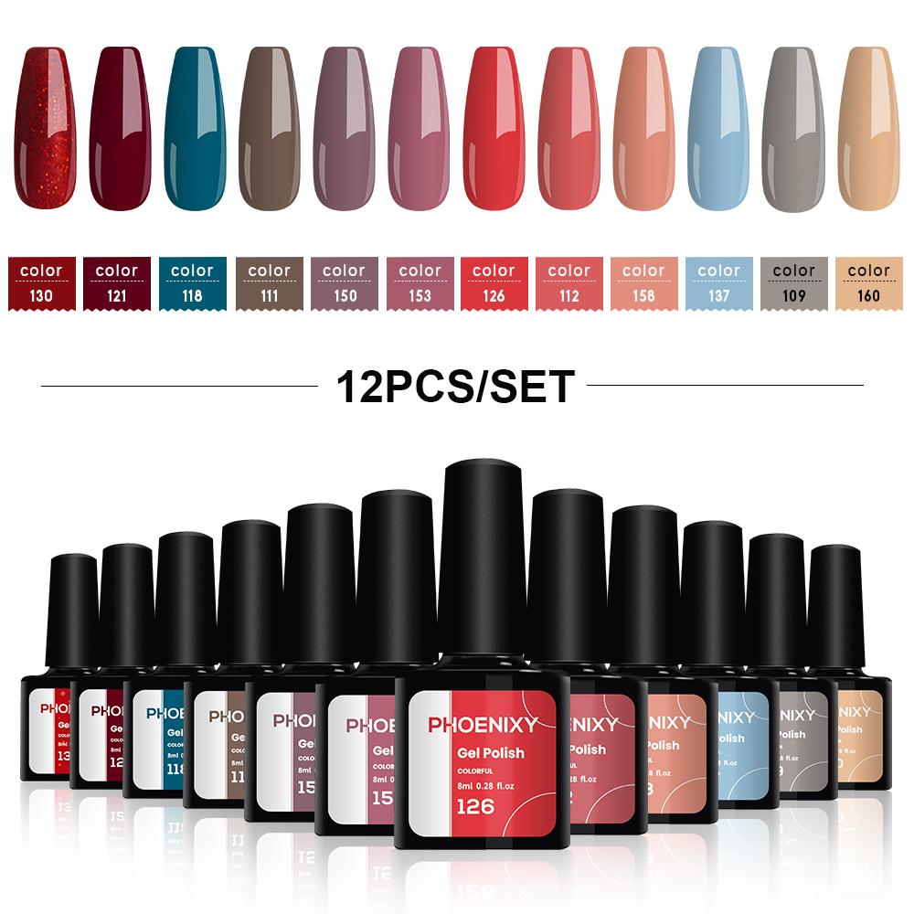 PHOENIXY, 8 мл, 12 цветов, гель-лак для ногтей, гель для ногтей, полуперманентный твердый гель для ногтей, замачиваемый УФ-гель, нужна база, верхнее покрытие, дизайн ногтей «сделай сам»
