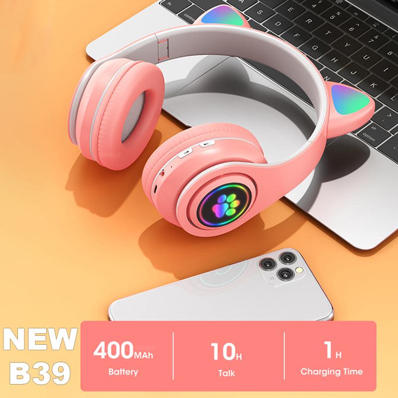 Наушники Bluetooth с кошачьими ушками и фонариком, с микрофоном, поддержкой 3,5 мм AUX/TF Card Play, беспроводная гарнитура для детей и девочек, подарок на день рождения