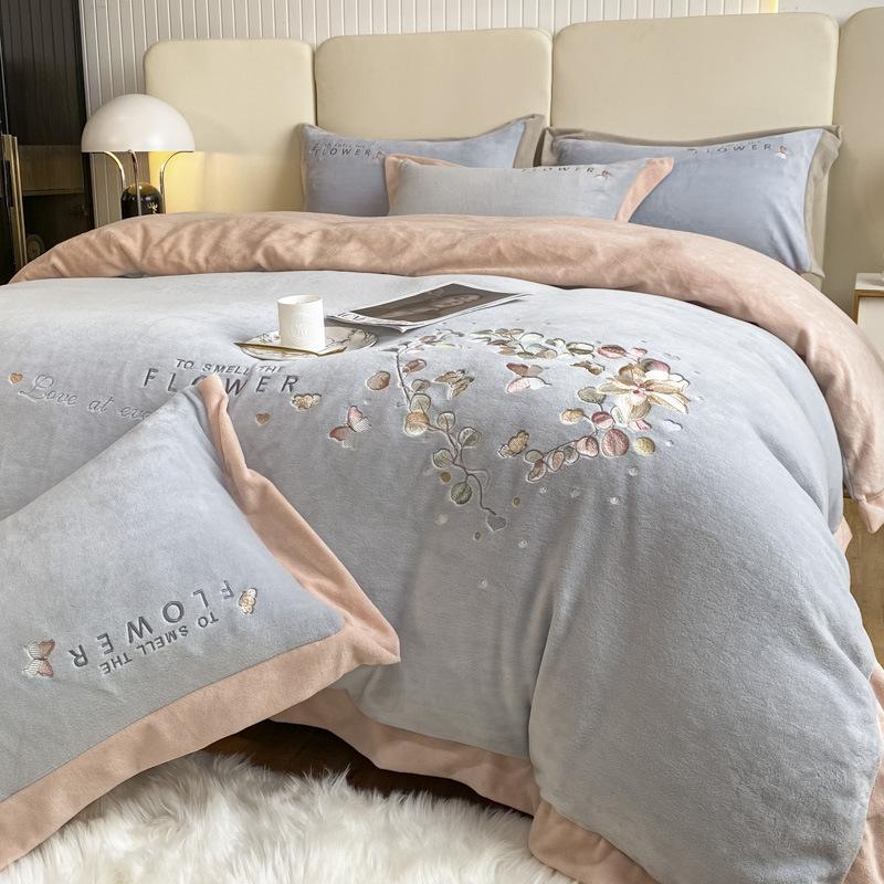 Light Luxury Autumn and Winter Milk Velvet Four-piece Bed Sheet Quilt Cover Bed Coral Velvet Embroidered Quilt Cover Warm Thickened Flannel