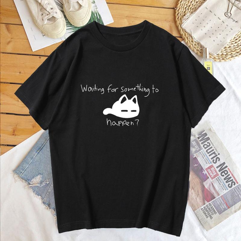 Kawaii Waiting for Something To Happen Omori Cat Graphic Tshirts Cats Lover Tops Harajuku Anime Unisex Tee Camisetas De Mujer
