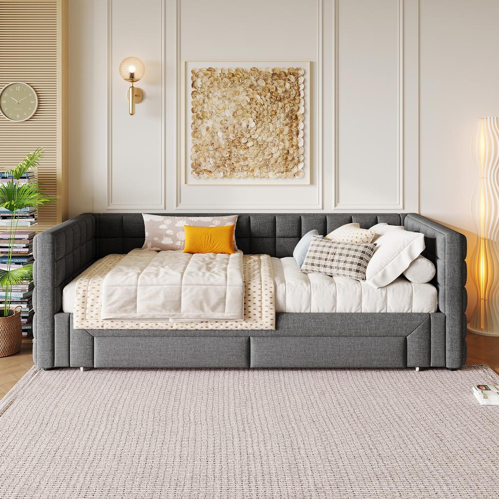 Кушетка, Кушетка, 90 x 200 см, Диван-кровать с квадратной спинкой, Выдвижная кровать (Раскладывается до 180 см, размер Queen Size), 2 ящика, без матраса, серый