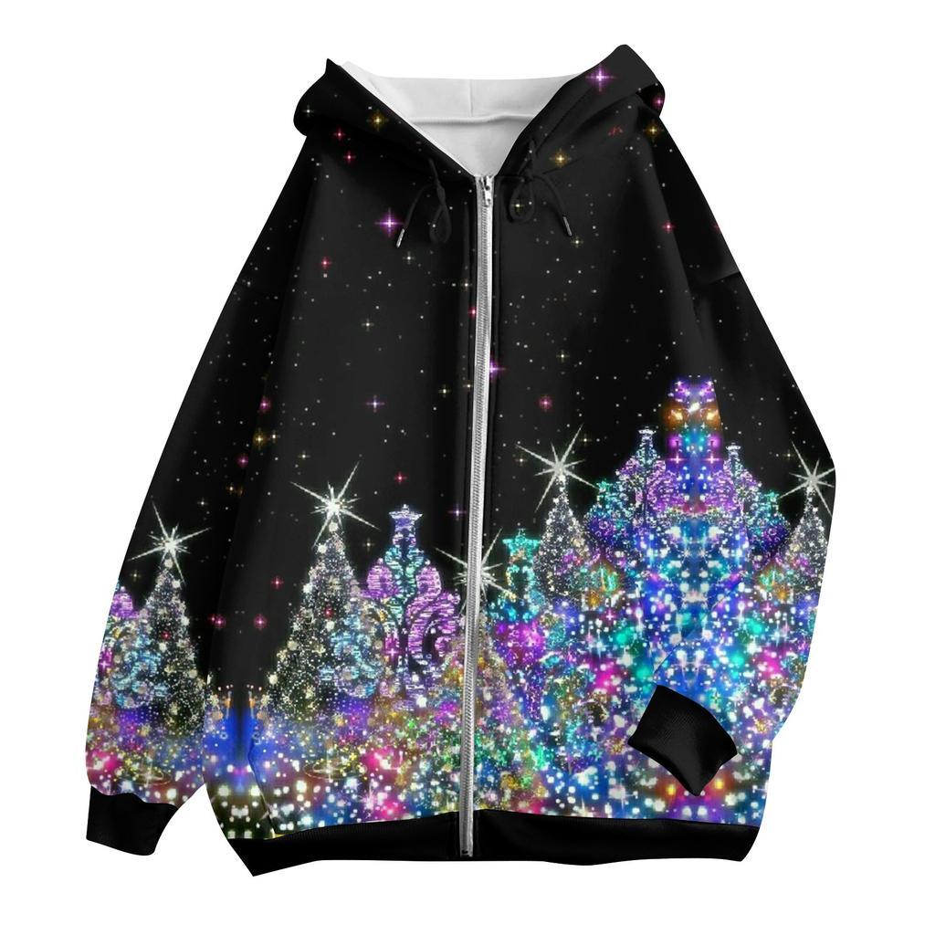 Женская модная повседневная толстовка с рождественским принтом и длинными рукавами, карманная куртка, пальто с капюшоном на молнии