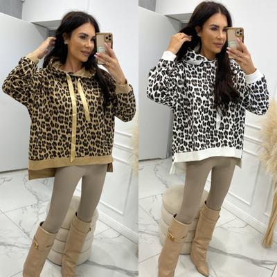 Женский новый свитер весна-осень с длинными рукавами и капюшоном, свободный топ с леопардовым принтом