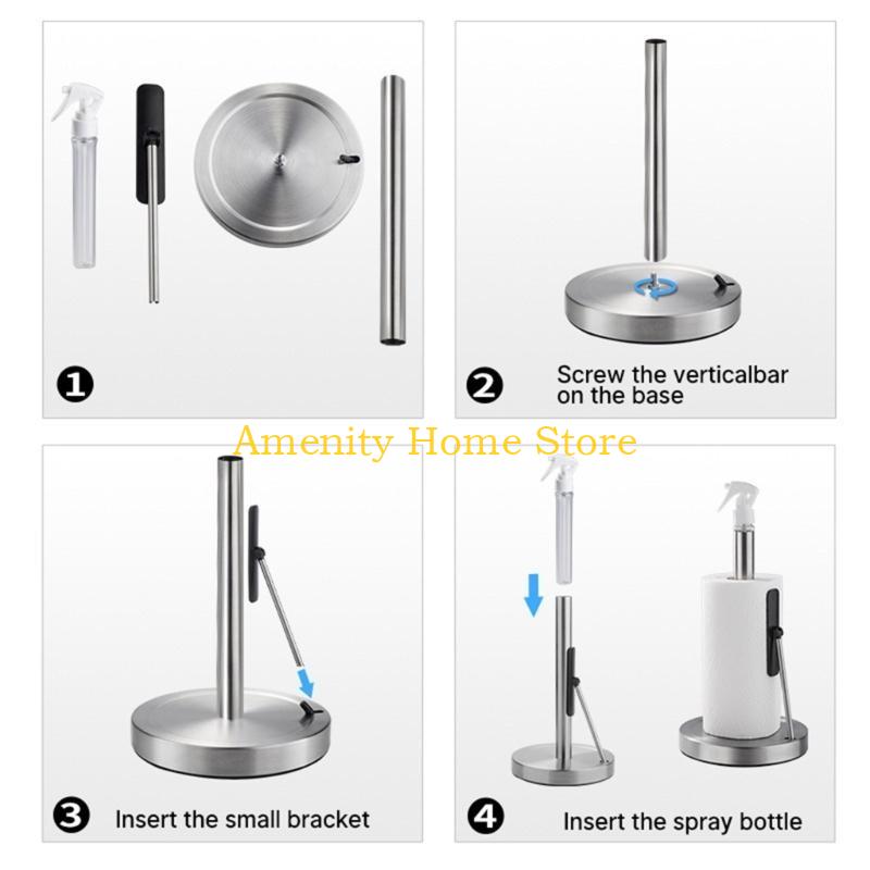 F26C Standing Paper Stand with Sprays Bottle Stainless Steel Tissue Roll Rack Metal Paper Towel Dispenser for Everyday Use