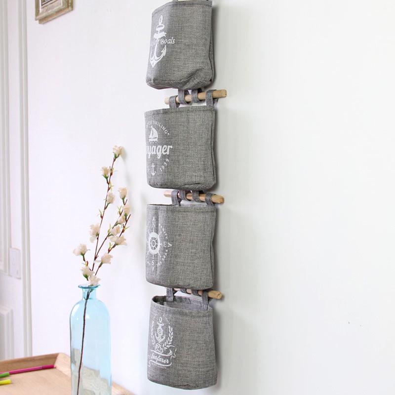 Gray Burlap Wall Hanging Storage Pocket Set - 4 Pieces for Miscellaneous Items (0468)
