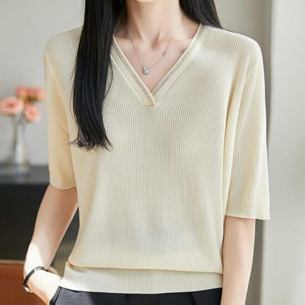 NaVaVa Women Simple Ribbed V Neck Half sleeVe KniT T shirT Nk3694