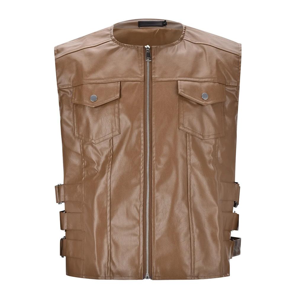 Men Punk Leather Vest Gothic Side Hollow Out Motorcycle Zipper Jacket Performance Costume Sleeveless Loose Waistcoat Winter Coat
