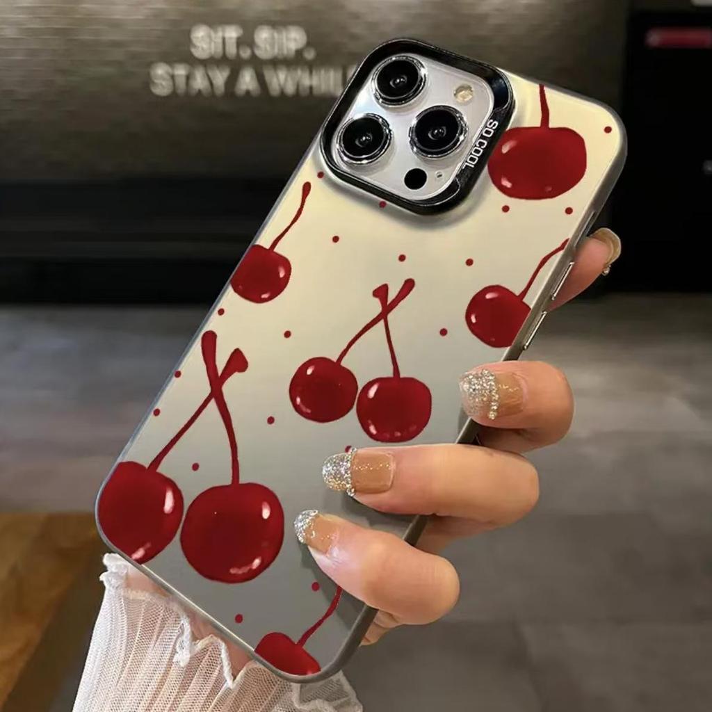 Cherry Color Full Screen Silver Shell Phone Case for Apple 17/16/15 Pro, 14 Pro Max, 13/12/11 Cross-Border.