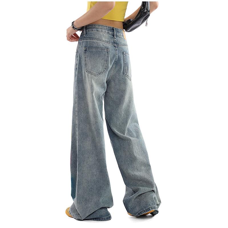 Painted Design Vintage Loose Wide Leg Jeans Women Casual Middle Waist Baggy Straight Denim Pants Spring Autumn Korean Fashion Streetwear