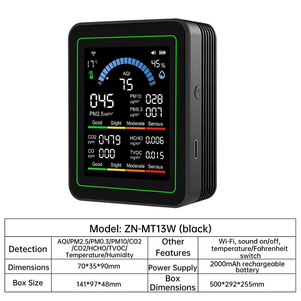 Tuya WiFi 10-в-1 Монитор качества воздуха, Монитор CO₂, Детектор формальдегида, Измеритель температуры и влажности