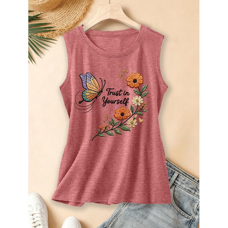 2026 New spring, summer, and autumn women's round-neck design Orange Blossom and Colorful Butterflies Inspirational English Daily Commuting