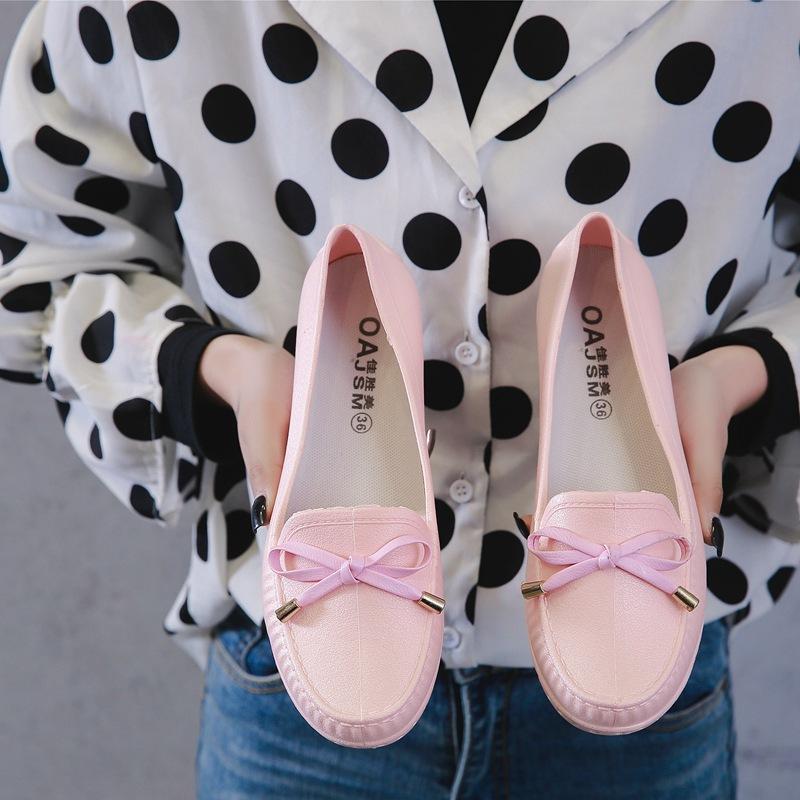 Fashion Rain Shoes Womens Flats Water Shoes Beach Waterproof Shoes Womens Rubber PVC Non-slip Round Toe Bow-knot Loafers362