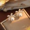 Diamond Pearl Inlaid Silver Needle Bow Earrings - Fashionable, High-End Design for Women