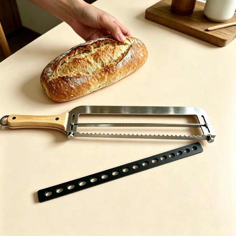 Stainless Steel Bread Slicer With Adjustable Serrated Blade And Wooden Handle For Home Baking Homemade Bread Cutting