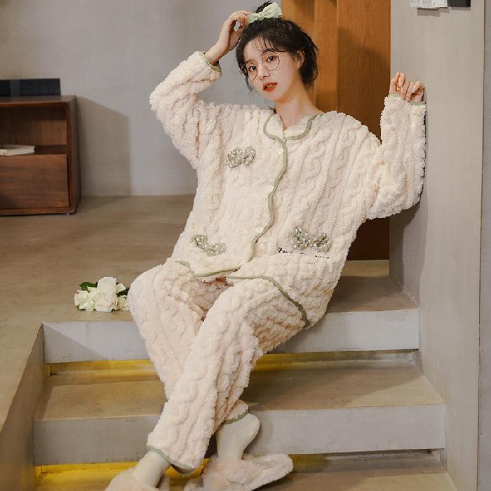 Коралловый флис утолщенная пижама женская осень-зима плюшевая с добавлением милого розового фланелевого комплекта домашней одежды для девочек повседневная ночная одежда