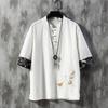 Men Crane Embroidery T- Shirts Traditional Japan Style Clothing Men's Half Sleeve Linen Solid Madarin Collar Shirts