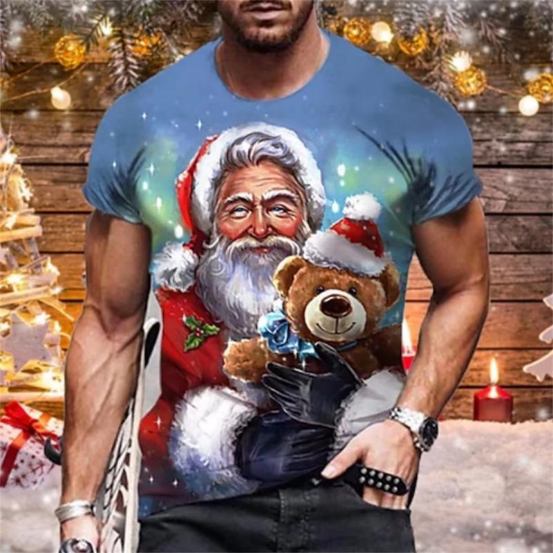 Men's Summer Christmas Print 3dt Shirt O Collar Short Sleeve Santa Claus Holiday Party Casual Loose Plus Size Top Clothing T-Shirts Men’s