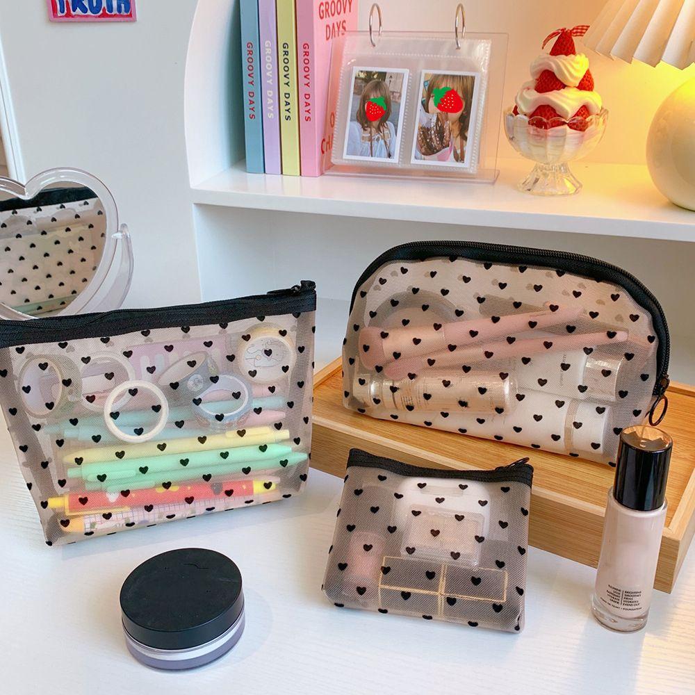 Cute Fashion Mesh Portable Zipper Toiletry Bag Pen Case Makeup Bags Pencil Pouch Cosmetic Bag
