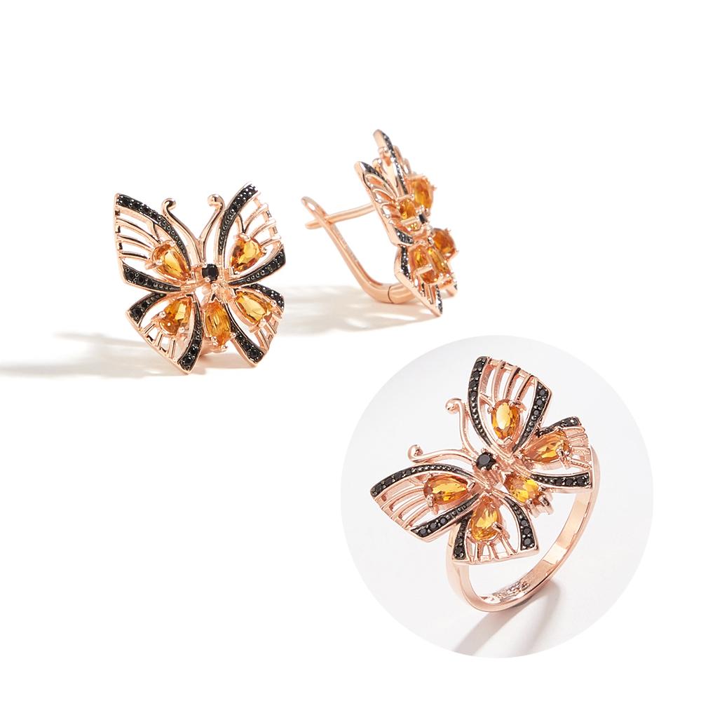Необычный серебряный комплект ювелирных изделий в стиле бабочки, серьги, кольцо, натуральный цитрин, драгоценный камень, легкие роскошные украшения для девочек на день рождения