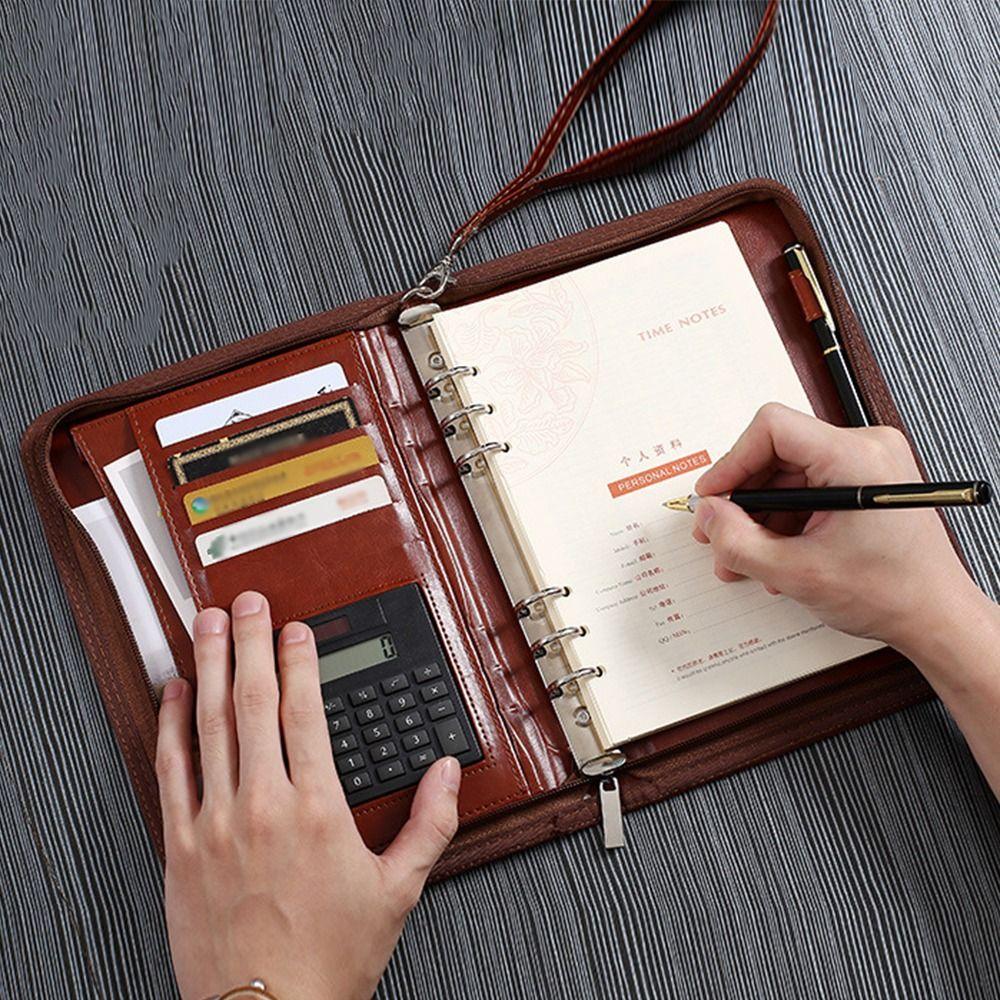 PU Leather Portfolio Binder Portable Work Record Book Multifunctional File Folder Document Storage