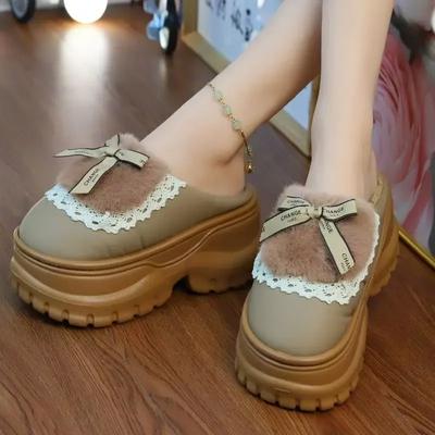 Модные зимние пушистые женские водонепроницаемые мюли хлопковые тапочки для девочки с бантом пушистые тапочки домашние на платформе теплые тапочки для женщин