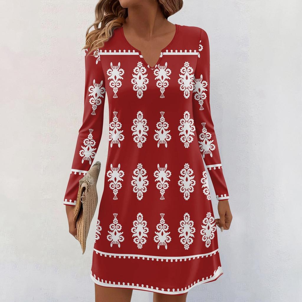 Women's Long-sleeved Casual Midi Dresses V-Neck Print Casual Dress