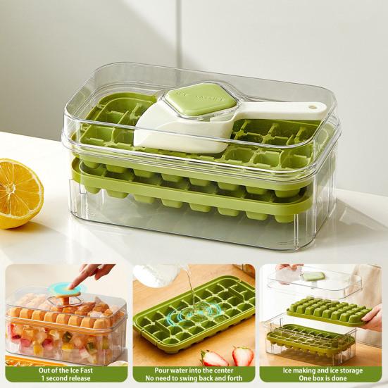 Форма для льда с лопаткой и контейнером, штабелируемая форма для льда для морозильника, легкосъемное силиконовое дно, дизайн с нажатием в одно касание, льдогенератор для напитков, кофе, коктейлей