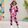 Girls Colorful Geometric Printed Hooded Long Sleeve Two Piece Pants Set Kangaroo Pocket Cuffed Pants