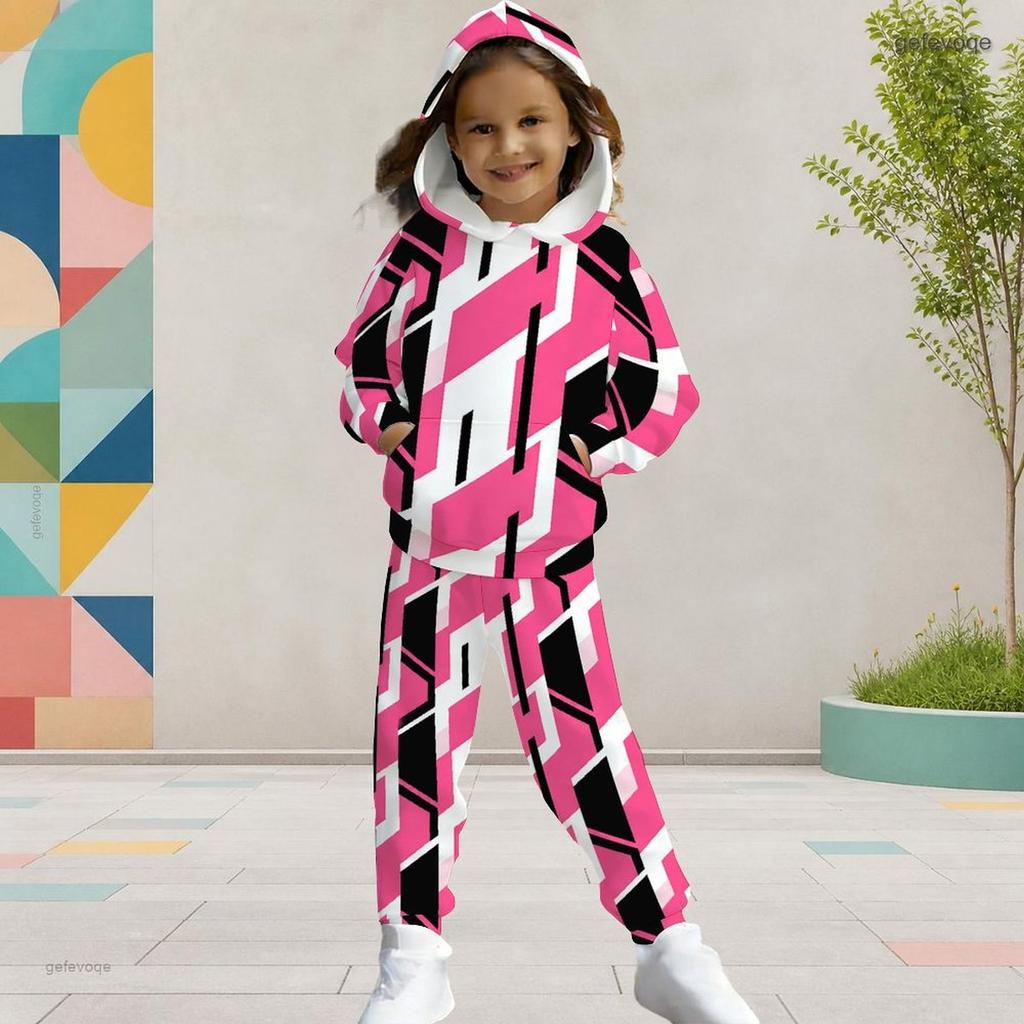 Girls Colorful Geometric Printed Hooded Long Sleeve Two Piece Pants Set Kangaroo Pocket Cuffed Pants