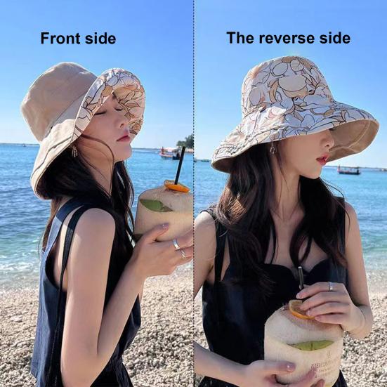 Bucket Hat Reversible Double-Sided Wearable Fisherman Hat with Large Brim Built-In Soft Steel Wire Adjustable Windproof Rope Sun Blocking Hat