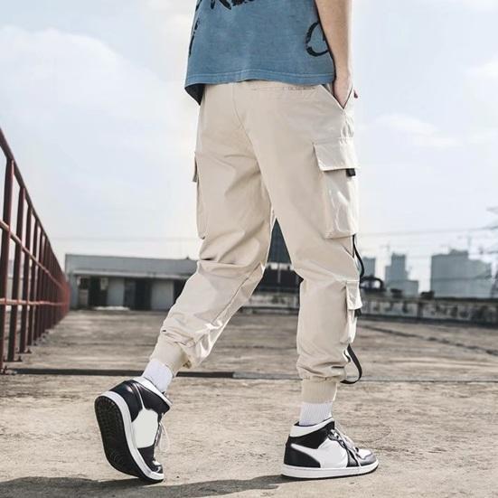 Мужские брюки-карго, свободные, с завязками на щиколотке, эластичный пояс, однотонные, с несколькими карманами, декор на ремне, для фитнеса, уличной одежды, для активного отдыха, путешествий, спорта, брюки