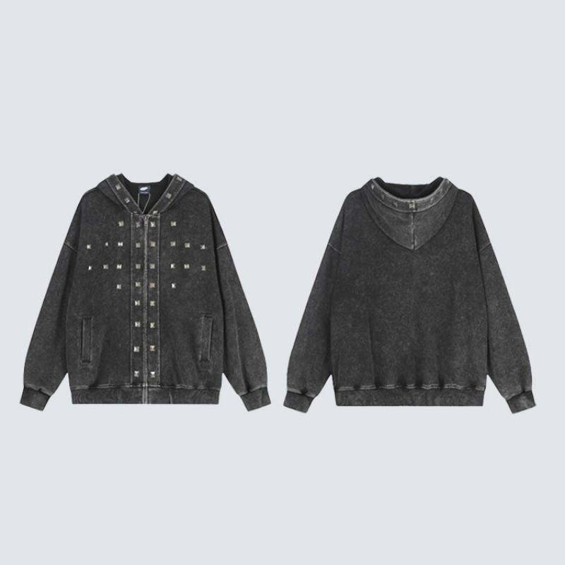 Unisex Oversized Hooded Sweatshirt With Rivet Detail Washed Vintage Style Cotton Long Sleeve Casual Top
