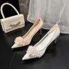 Fashion Wedding Shoes Women 2025 French Bridal Shoes Mesh Top Flower Main Wedding Dress High Heels Bridesmaids Champagne Single  Pumps