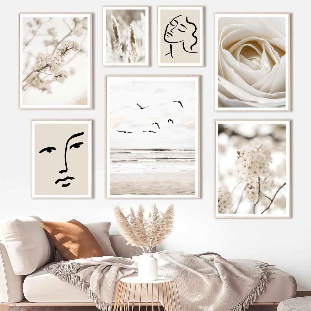 Beach Birds Sea Flower Reed Grass Wall Art Prints Canvas Painting Line Face Nordic Poster Wall Pictures For Living Room Decor