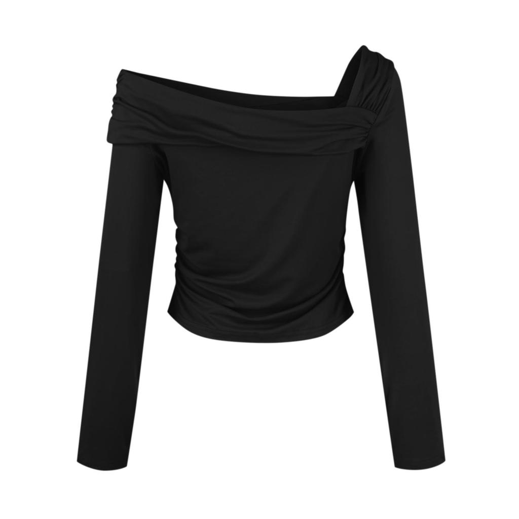 Женская мода, однотонный плиссированный топ на одно плечо с длинными рукавами, облегающий короткий топ с открытым пупком