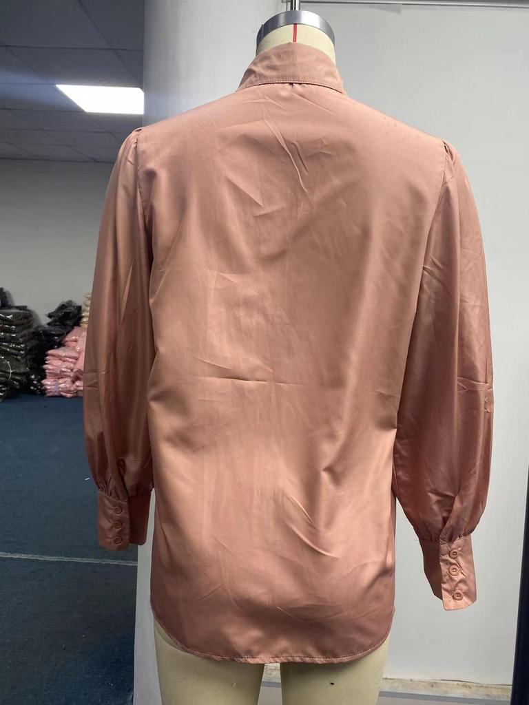 Women's Long Sleeve Ruched Stand Collar Lantern Sleeve Shirt