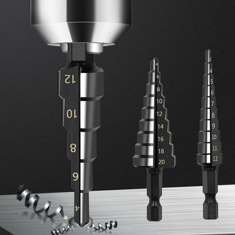 3 шт. 3-12 мм 4-12 мм 4-20 мм HSS набор ступенчатых сверл с прямой канавкой и титановым покрытием, дерево, металл, резак для отверстий, набор колонковых сверл