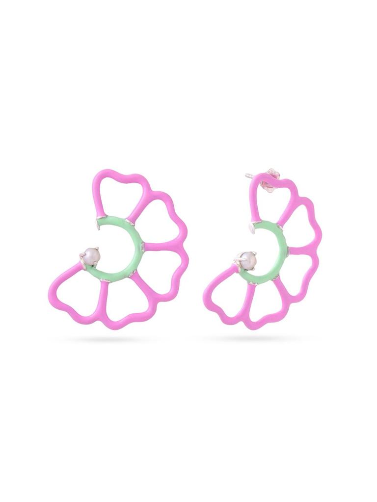 Kicky and Perky 925 Sterling Silver Pink and Green Enamel and Studded with Pearl Floral Stud Earring for Women