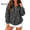 Kangaroo Pocket Hoodie Women Leopard Print Hoodie, Oversized Half Zip Hooded Sweatshirt with Pullover Pocket, Fall Long Sleeve Casual Top