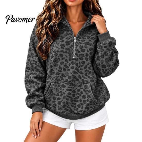 Kangaroo Pocket Hoodie Women Leopard Print Hoodie, Oversized Half Zip Hooded Sweatshirt with Pullover Pocket, Fall Long Sleeve Casual Top