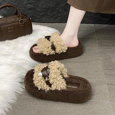 Популярные в интернете высококачественные пушистые тапочки женские для улицы 2025 новый популярный осенне-зимний толстая подошва с увеличением высоты плюшевые хлопковые тапочки