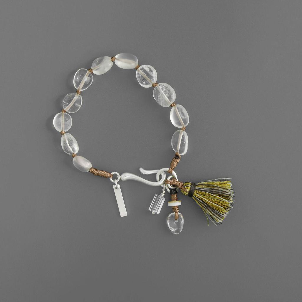 Nomadic Glacier Ethnic Style White Crystal Tassel Bracelet - Retro Design with Braided Rope