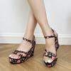 Модные летние новые сандалии на танкетке Женская мода Круглый носок Принт Открытый носок Линия с водонепроницаемой платформой Высокий каблук