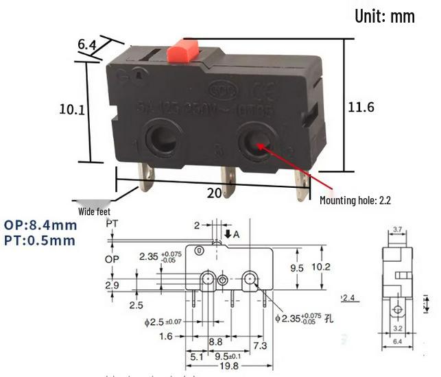 KW12 Micro Tripod Lever Switch, 5A/250V, KW11-3Z, Travel Limit Contact Button.